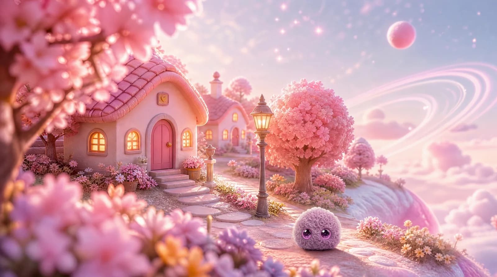 Flora 在粉色星球小屋间等待共创伙伴